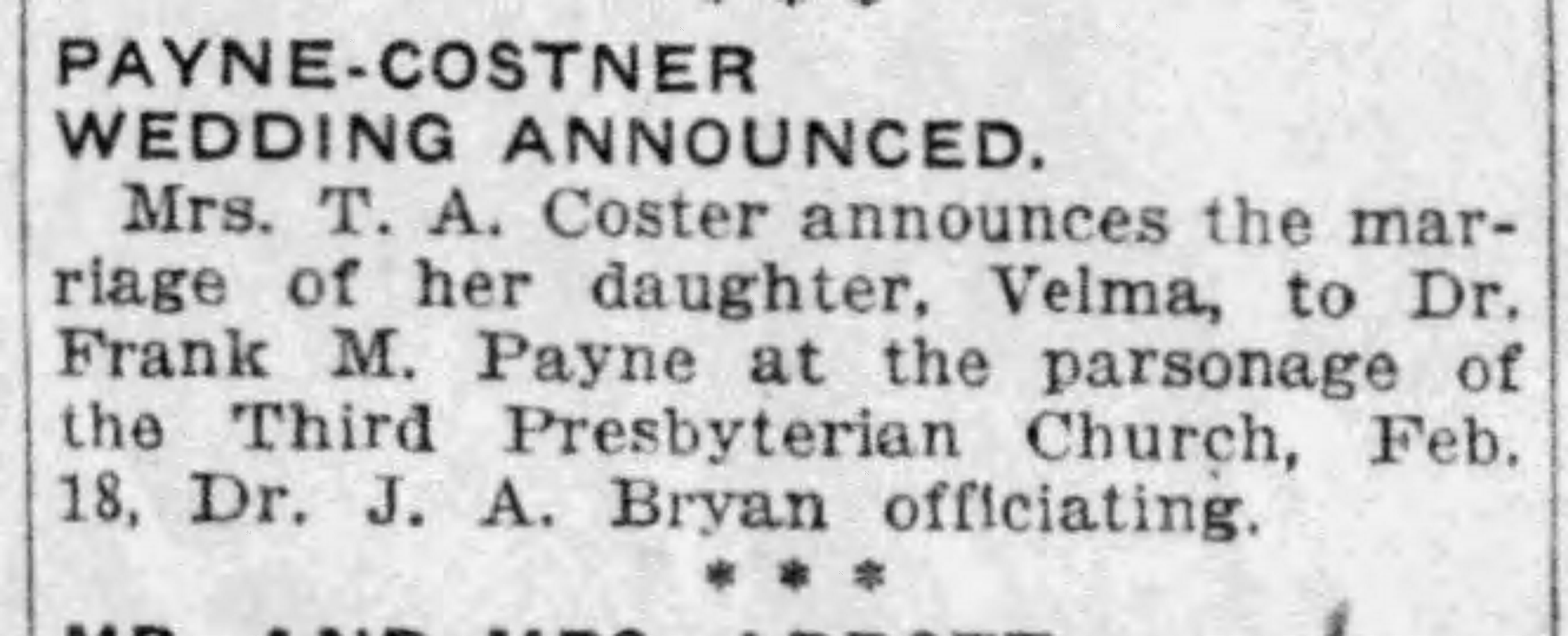 Velma Costner-Frank M. Payne